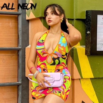 Rave Streetwear Art Print Backless Halter Dresses Festival Outfits Vintage Sexy Deep V Hollow Out Bodycon Mini Dress